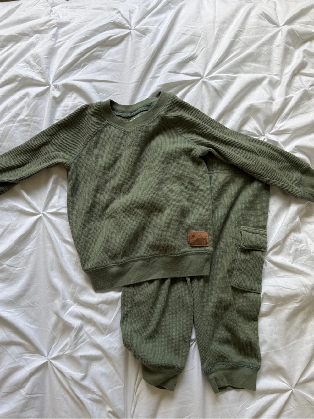 Olive Green Boys Waffle-Knit Joggers + Thermal Set